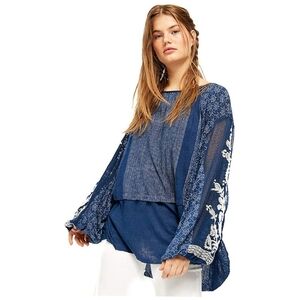 Free People Indigo Dreams Embroidered Tunic Batwing Sleeves Stripe Floral Blue-M